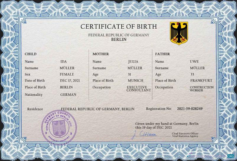 Download Germany vital record birth certificate PSD template Photoshop template
